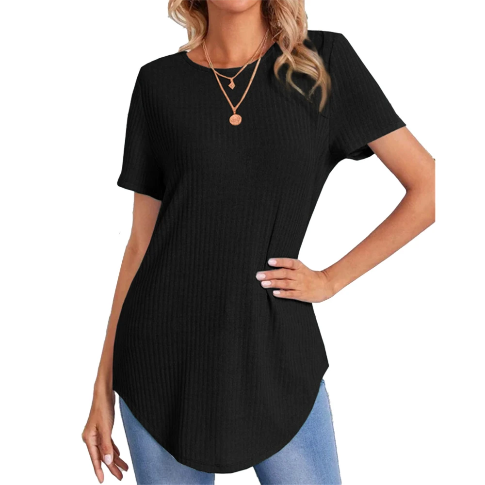 Women Curved Hem Top Short Sleeve Button Back Plain Color Casual Dressy Summer Tee Shirt Black L