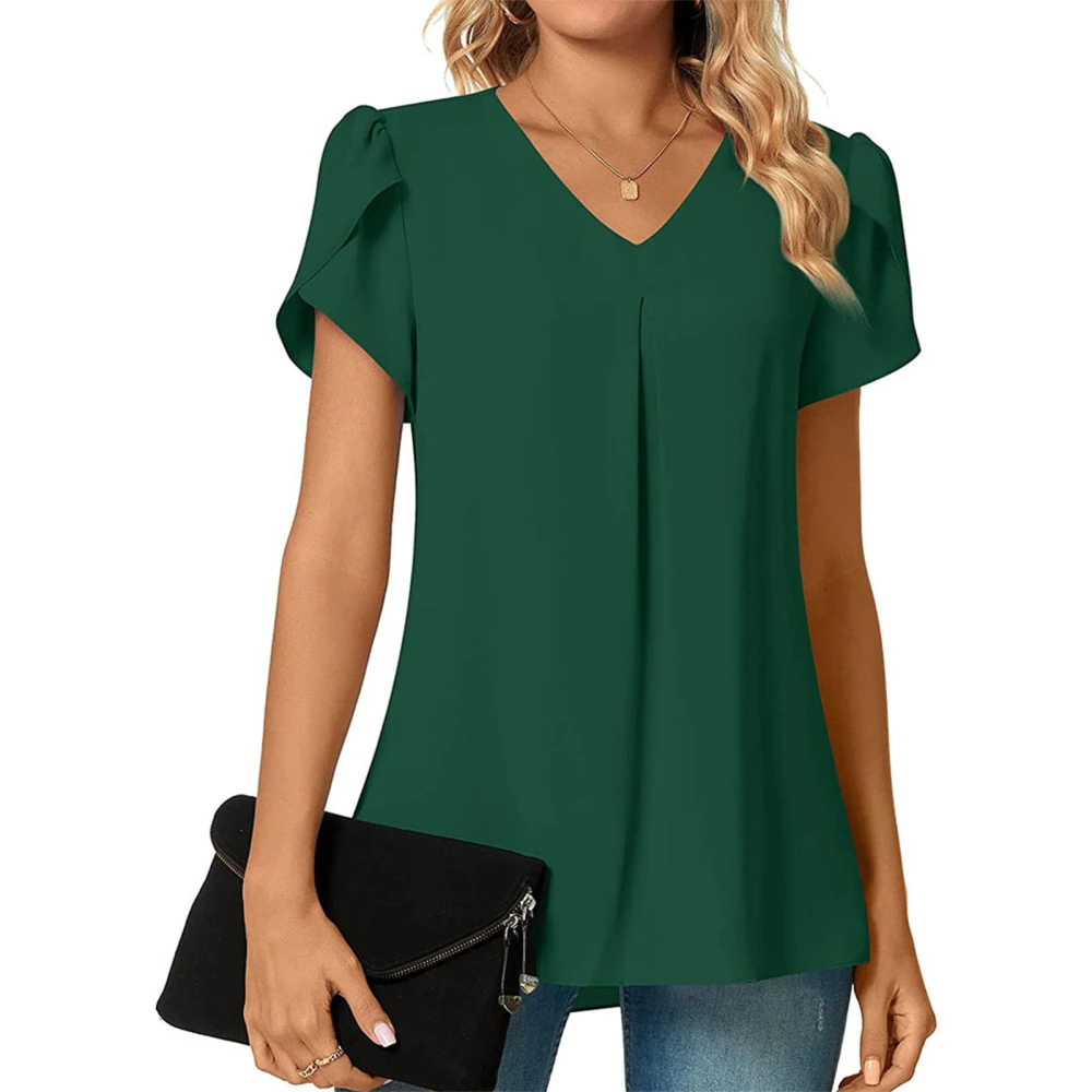 Petal Sleeve V Neck Top Women Summer Loose Casual Plain Color Pleated Shirt Blouse for Office Work Green L