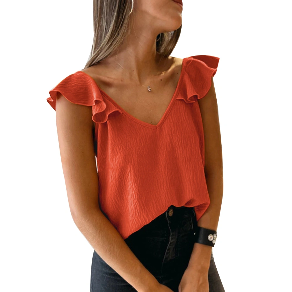 Women Ruffle Cap Sleeve Top Deep V Neck Backless Loose Fit Pure Color Casual Summer T Shirt Orange XL