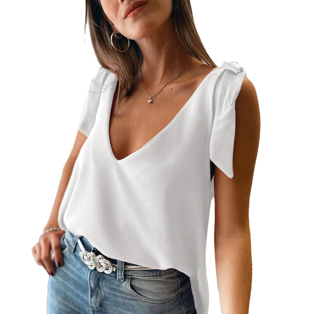 Tie Strap Top V Neck Backless Loose Fit Casual Women Sleeveless Blouse for Party Shopping Daily White S