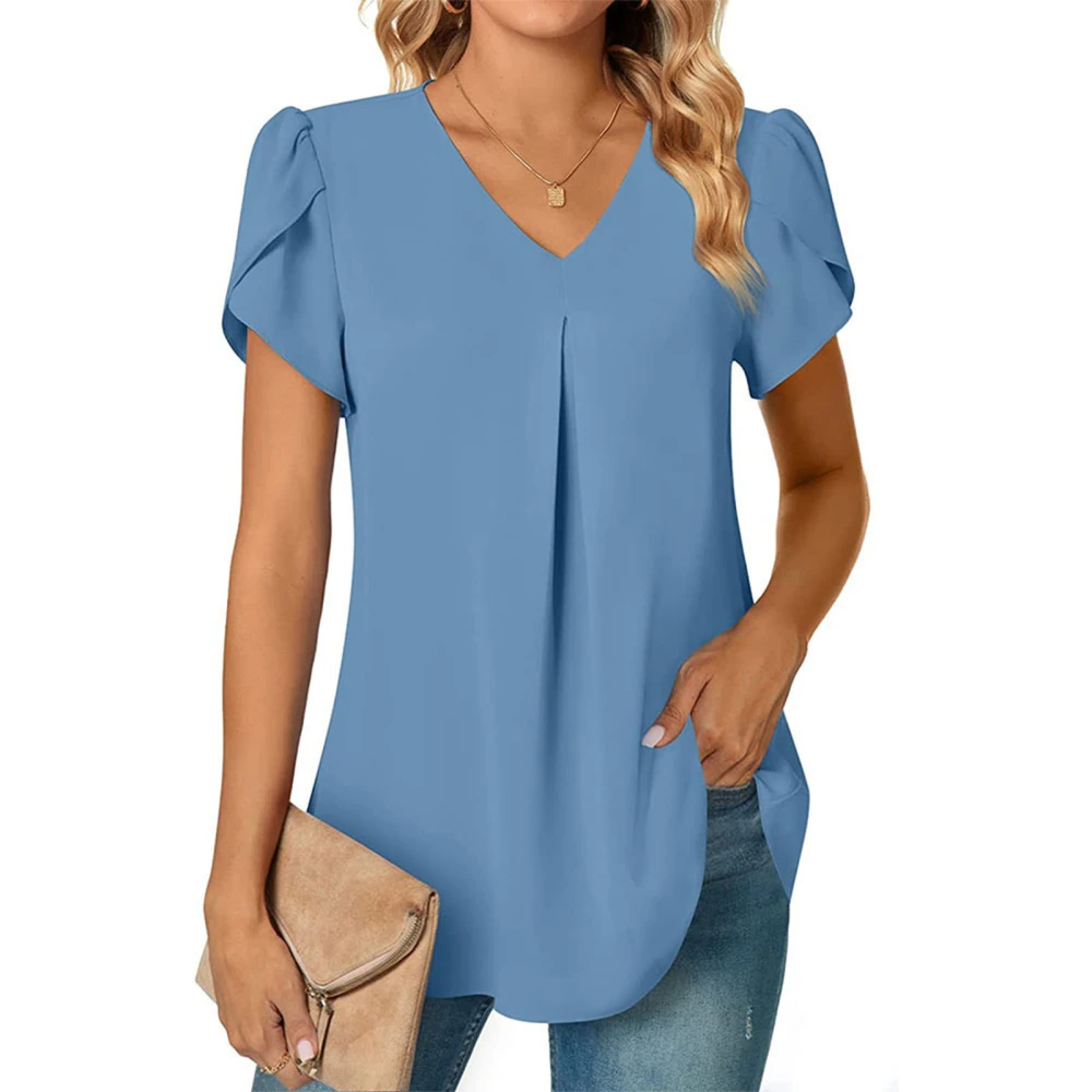 Petal Sleeve V Neck Top Women Summer Loose Casual Plain Color Pleated Shirt Blouse for Office Work Peacock Blue XXL