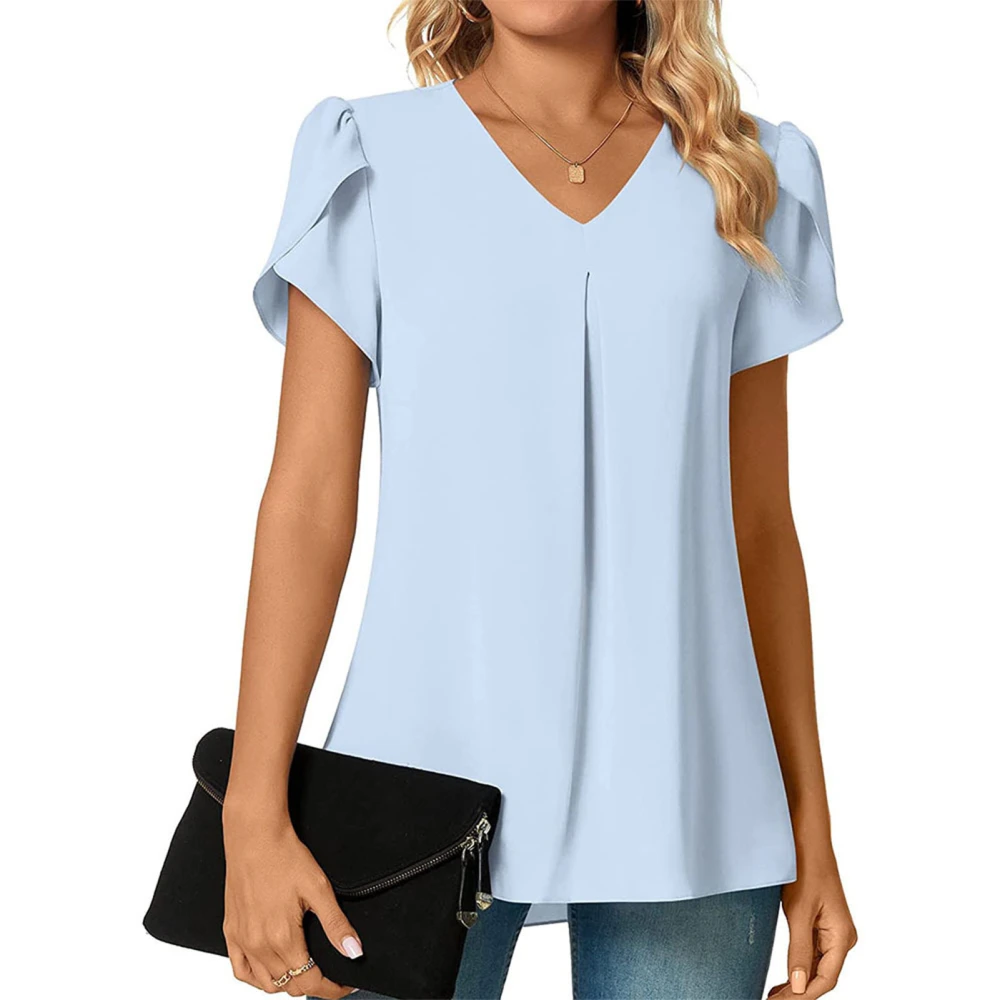 Petal Sleeve V Neck Top Women Summer Loose Casual Plain Color Pleated Shirt Blouse for Office Work Light Blue XXL