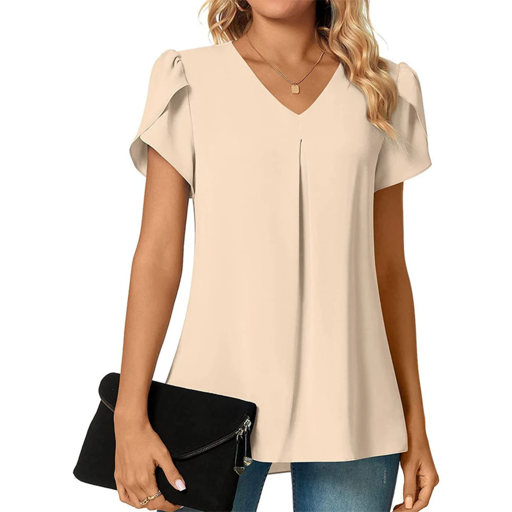 Petal Sleeve V Neck Top Women Summer Loose Casual Plain Color Pleated Shirt Blouse for Office Work Apricot XL