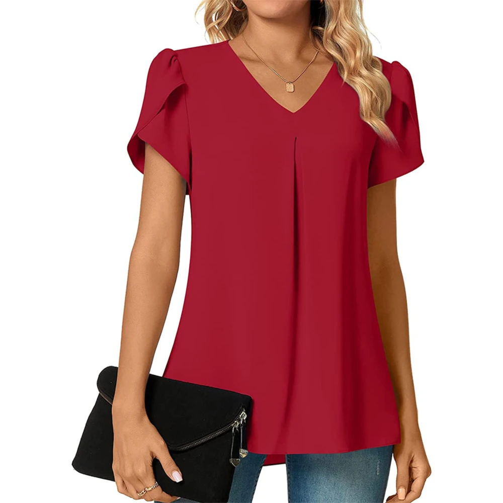 Petal Sleeve V Neck Top Women Summer Loose Casual Plain Color Pleated Shirt Blouse for Office Work Red XXL