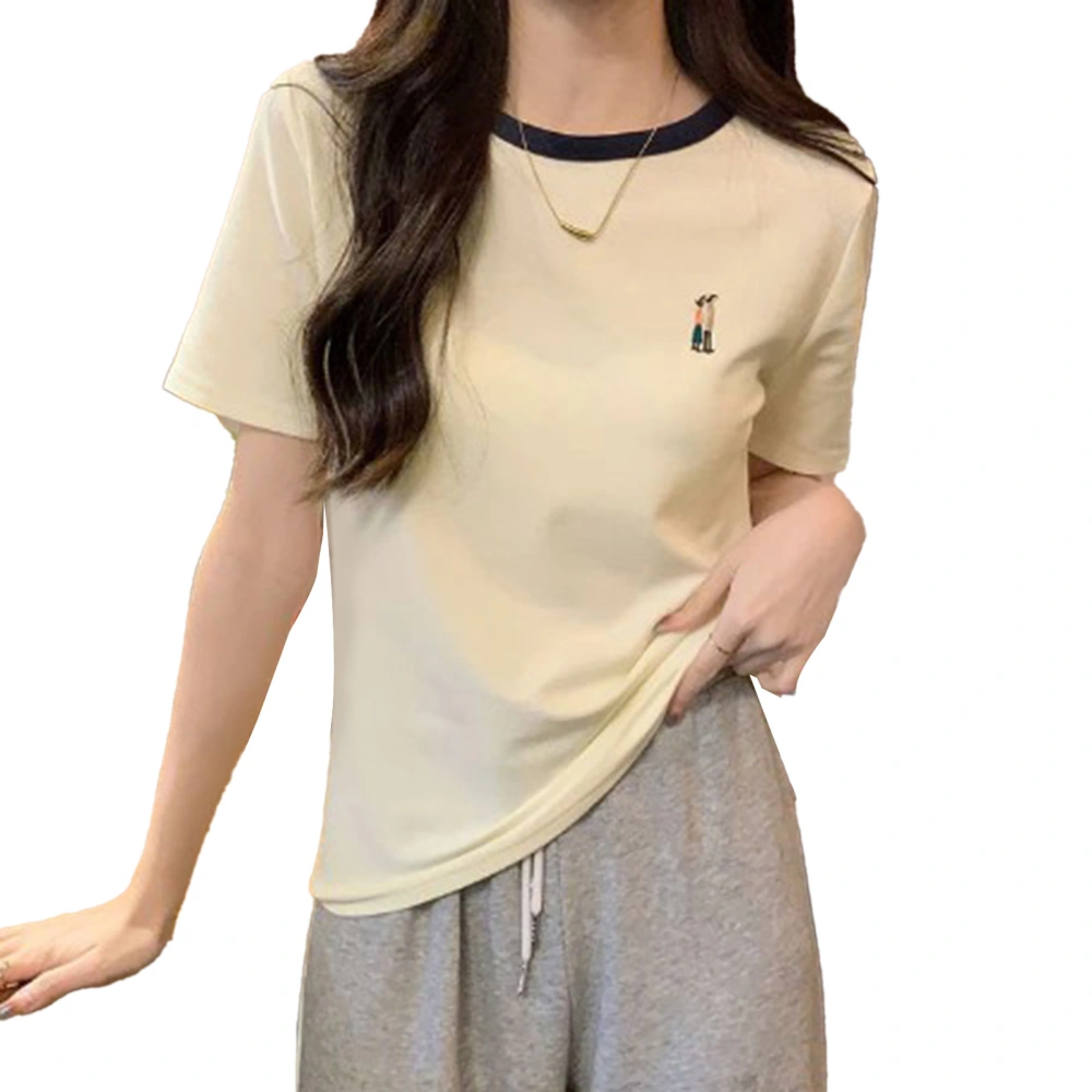 Short Sleeve Women Top Embroidery Pattern Round Neck Casual T Shirt for Indoor Outdoor Apricot L