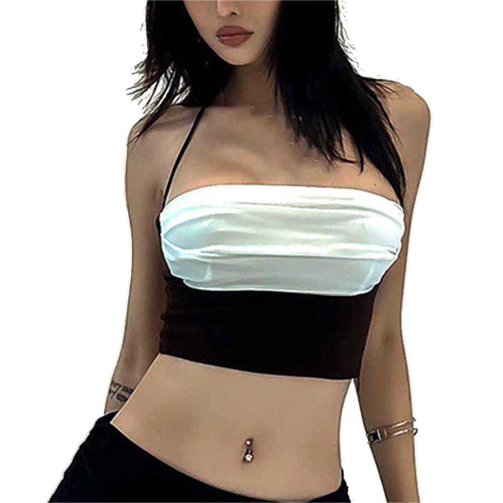 Women Halter Neck Tank Top Color Contrast Slim Fitting Summer Sleeveless Short Top black S