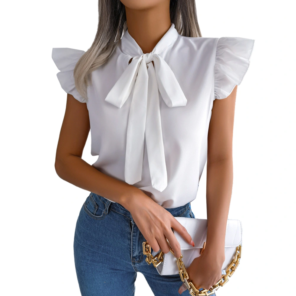 Womens Summer Bow Tie Neck Chiffon Blouses Fashion Elegant Pure Color Slimming Lace Up Women Ruffle Sleeve Shirts White S