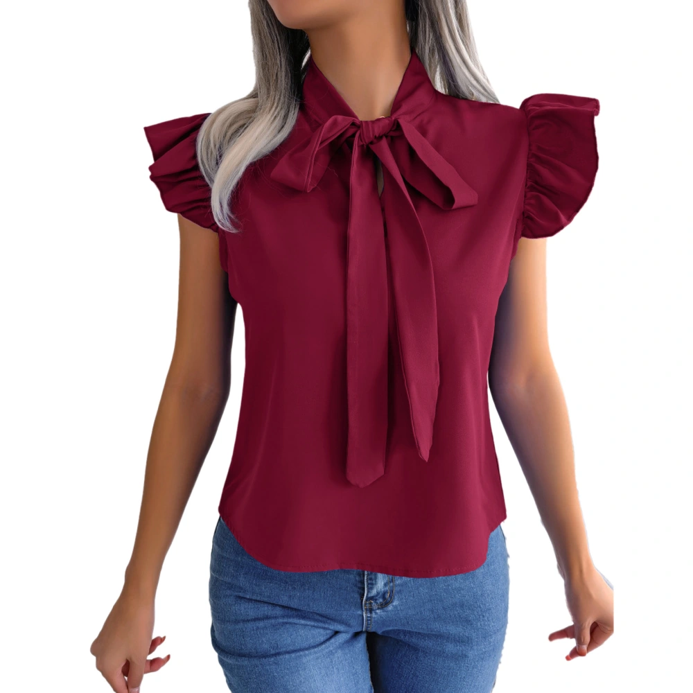 Womens Summer Bow Tie Neck Chiffon Blouses Fashion Elegant Pure Color Slimming Lace Up Women Ruffle Sleeve Shirts Wine Red M