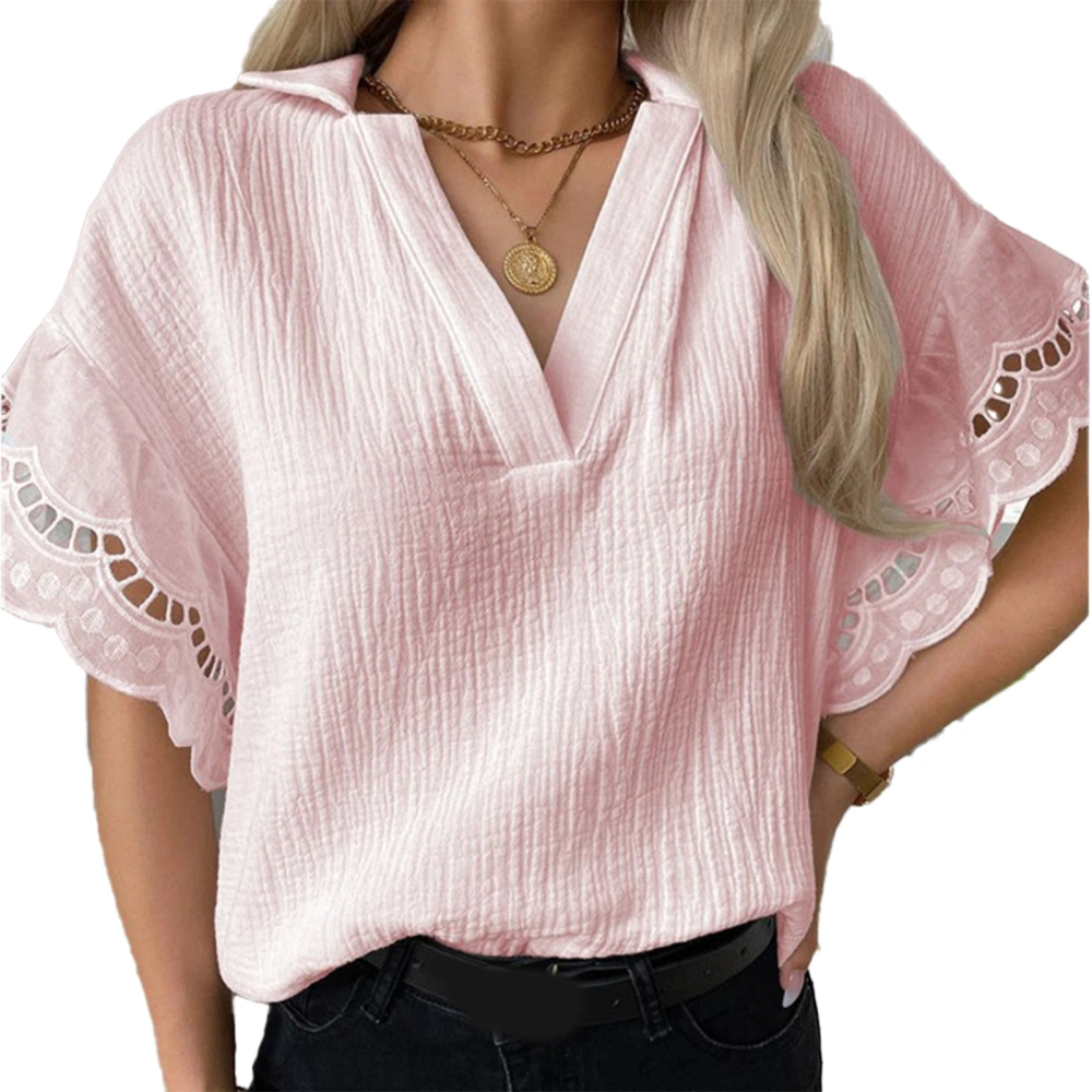 Turn Down Collar T Shirt Plain V Neck Cut Out Sleeve Hem Casual Loose Women Top for Summer Leisure Travel Pink XL