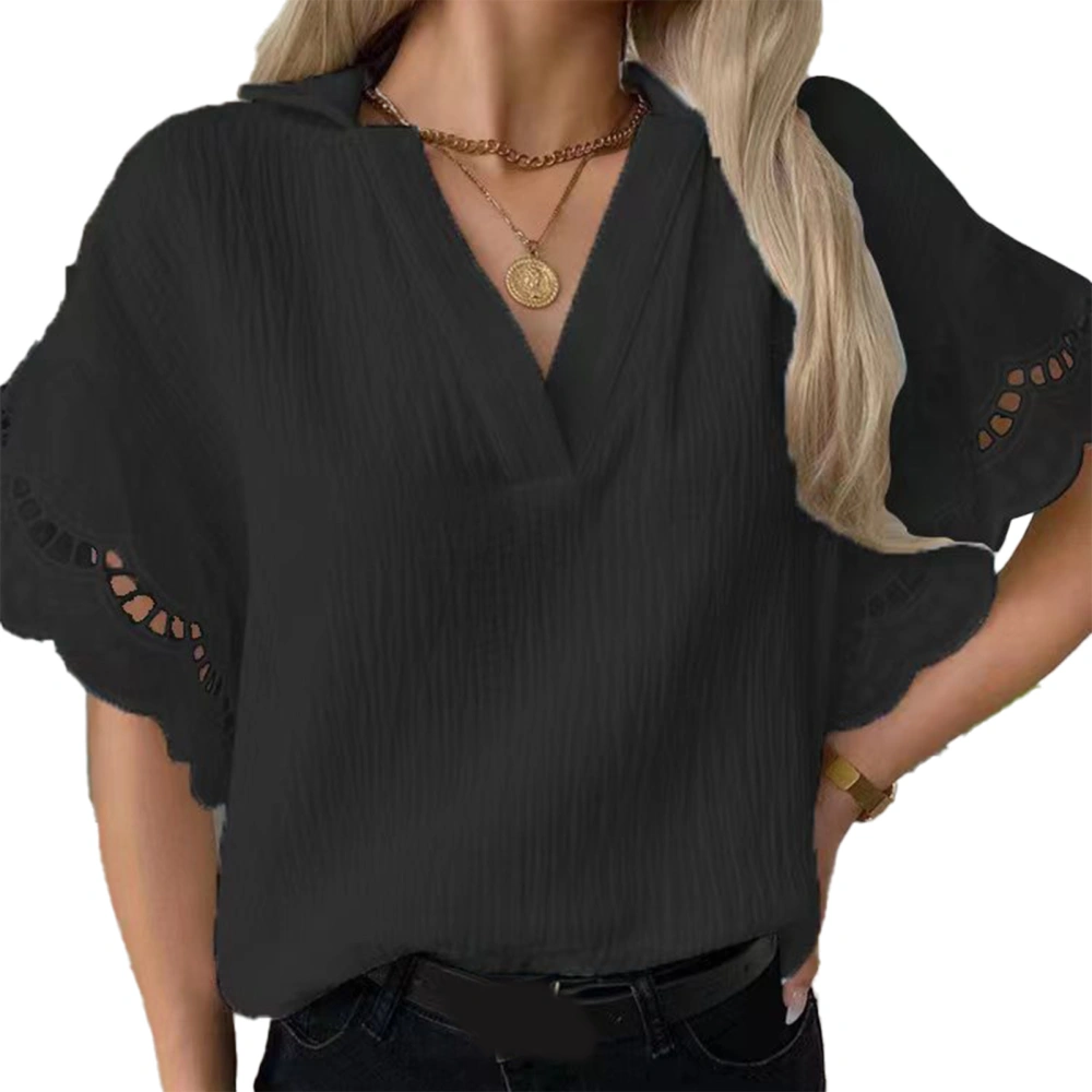 Turn Down Collar T Shirt Plain V Neck Cut Out Sleeve Hem Casual Loose Women Top for Summer Leisure Travel Black M