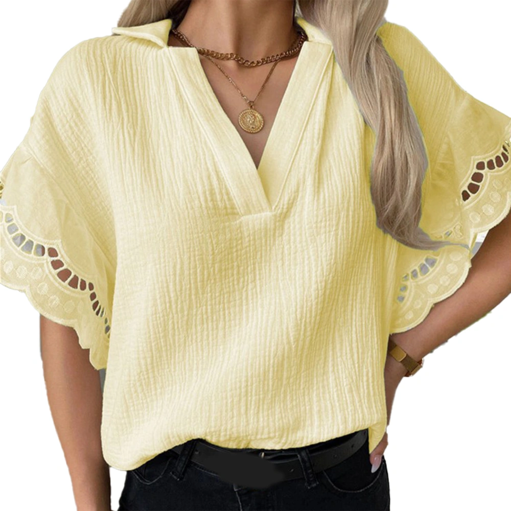 Turn Down Collar T Shirt Plain V Neck Cut Out Sleeve Hem Casual Loose Women Top for Summer Leisure Travel Yellow L