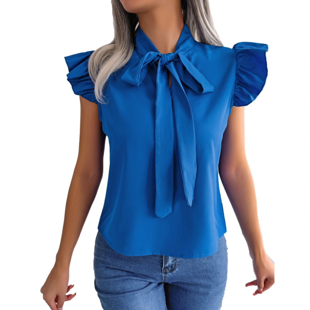 Womens Summer Bow Tie Neck Chiffon Blouses Fashion Elegant Pure Color Slimming Lace Up Women Ruffle Sleeve Shirts Blue M