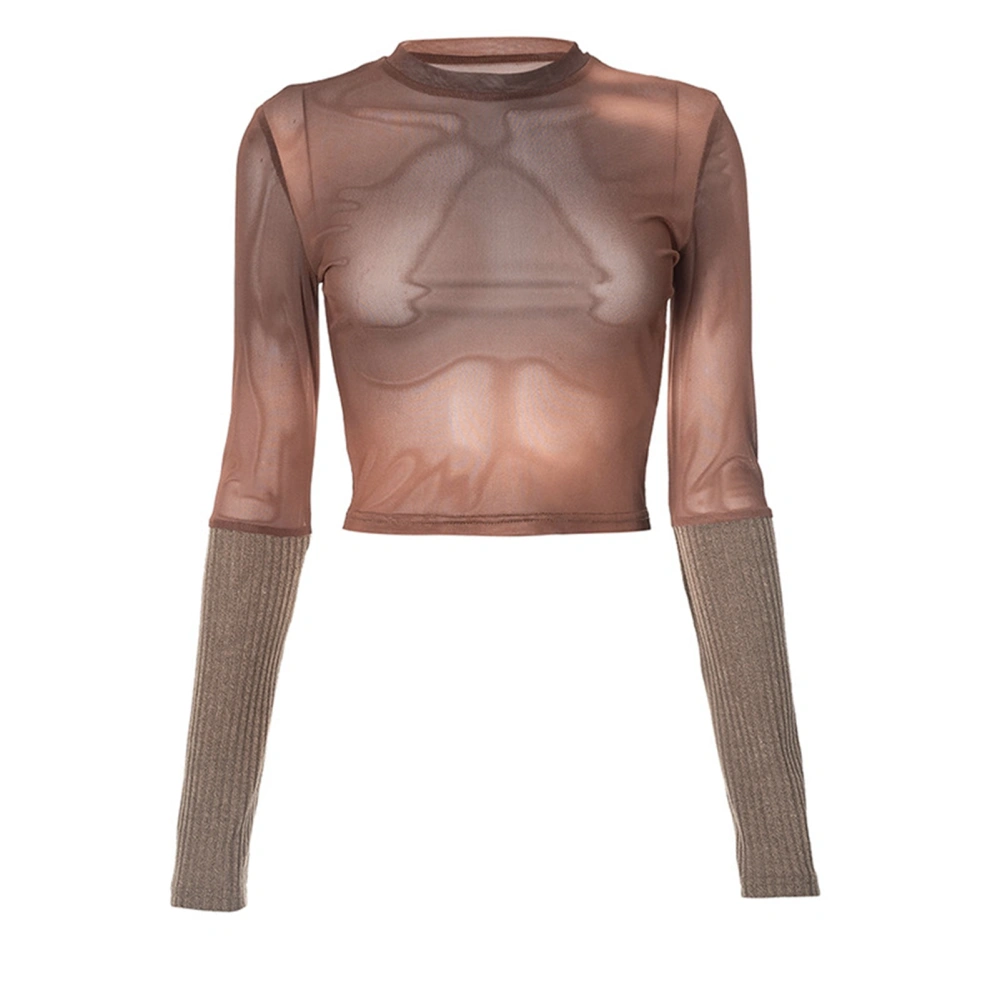 Long Sleeve Crewneck Top Women Fashionable Elegant Breathable Sheer Mesh Shirt for Holiday Party Brown L