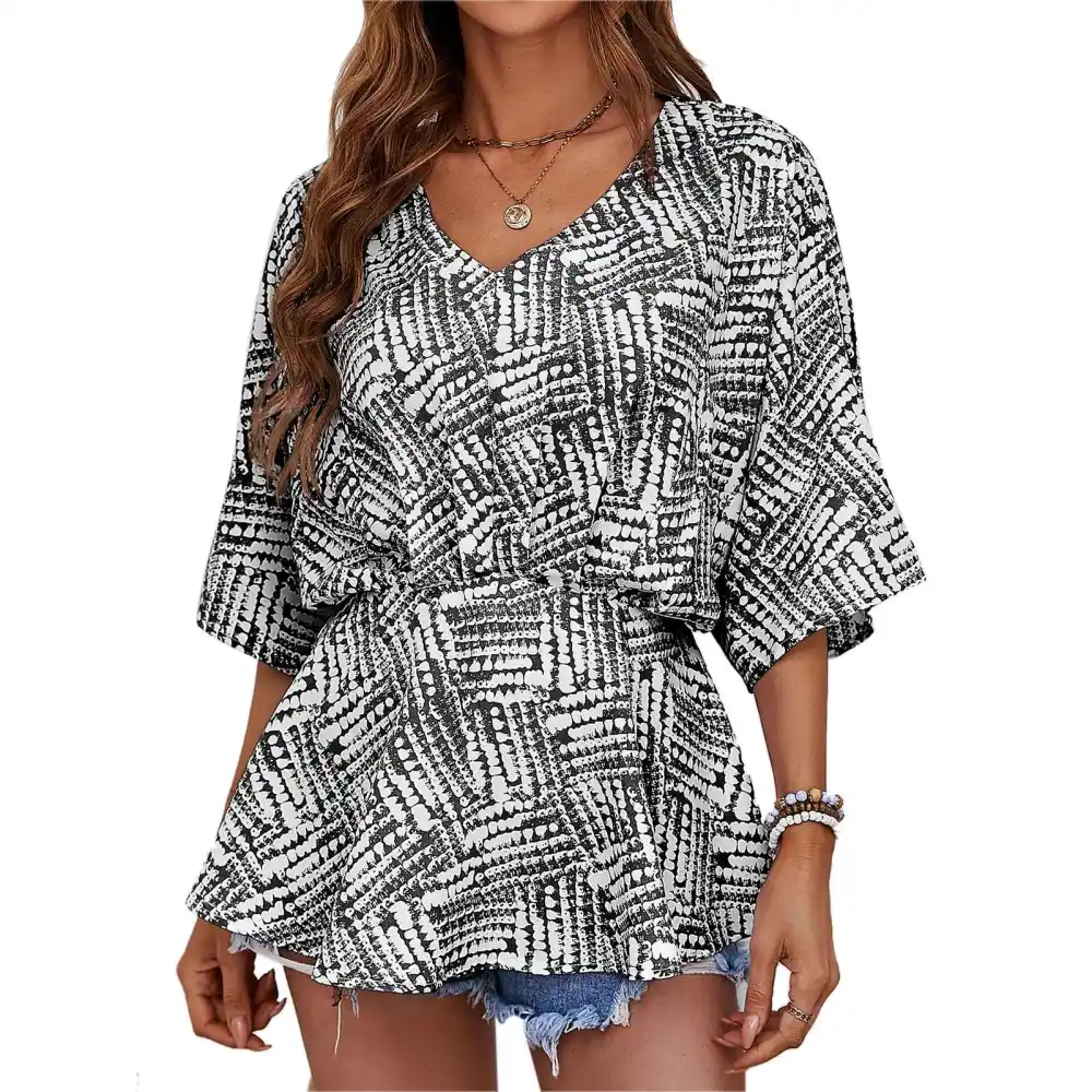 Women Summer Top V Neck Prints Loose Half Sleeves Elastic Waist Summer Shirt Top Black L