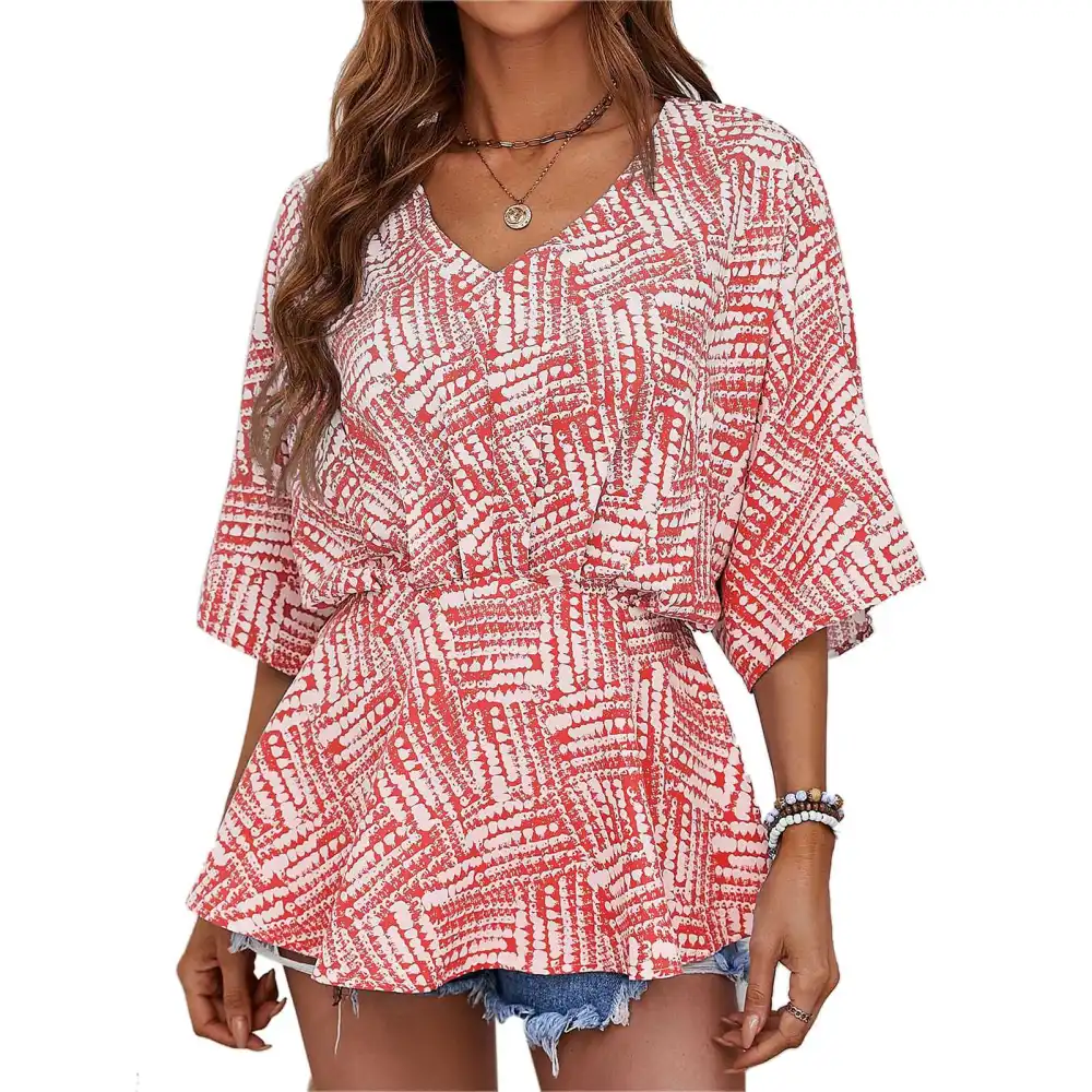 Women Summer Top V Neck Prints Loose Half Sleeves Elastic Waist Summer Shirt Top Red S