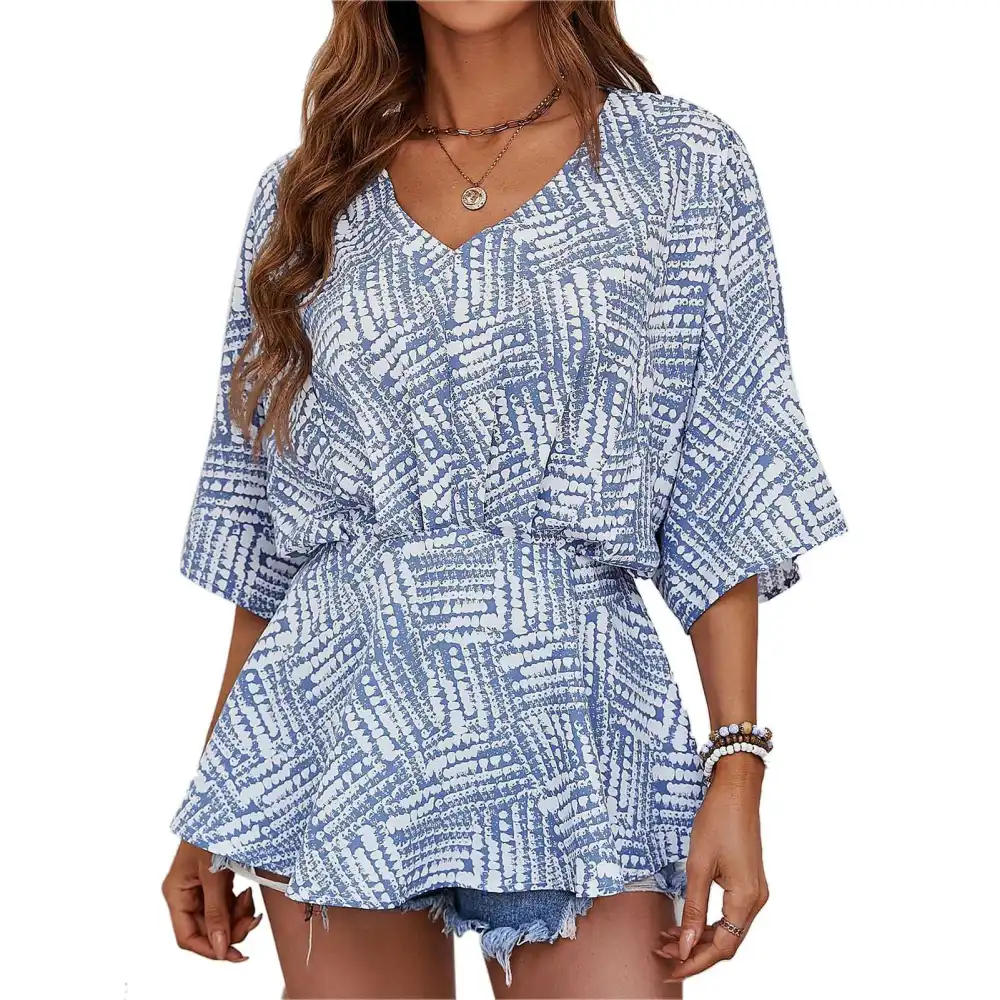 Women Summer Top V Neck Prints Loose Half Sleeves Elastic Waist Summer Shirt Top Bule S