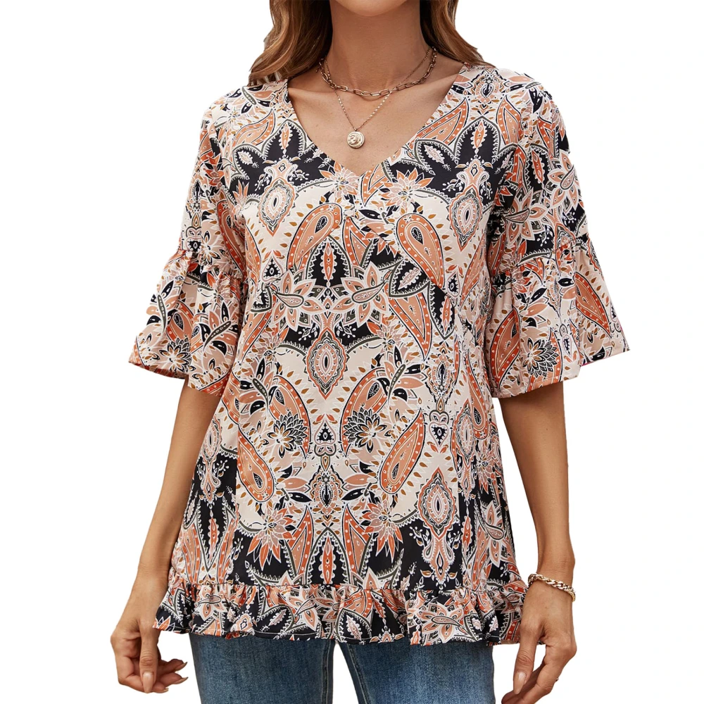 Women Flare Sleeve Top V Neck Versatile Fashionable Print Casual Top for Summer Daily Outdoor Apricot Black L