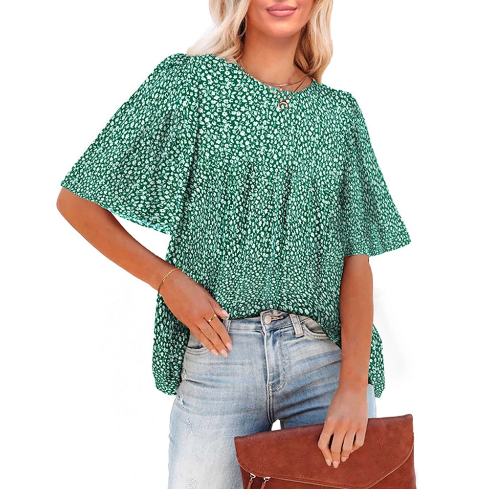 Women Printed T Shirt Half Bell Sleeves Loose Fitting Round Neck Summer Loose Blouse Green XXL