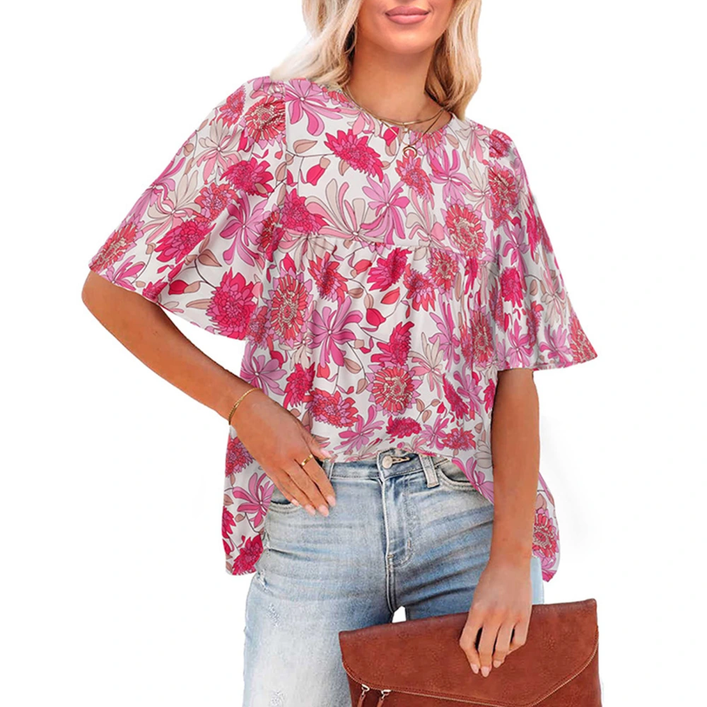 Women Printed T Shirt Half Bell Sleeves Loose Fitting Round Neck Summer Loose Blouse Pink Flower S