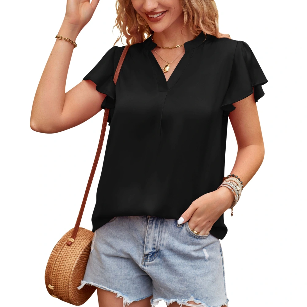 Women Satin Shirt V Neck Short Ruffle Sleeves Loose Fitting Pure Color Summer Casual Blouse Black S