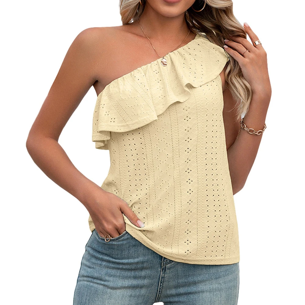 Women One Shoulder Top Summer Eyelet Ruffle Trim Sleeveless Pure Color Top for Female Yellow M