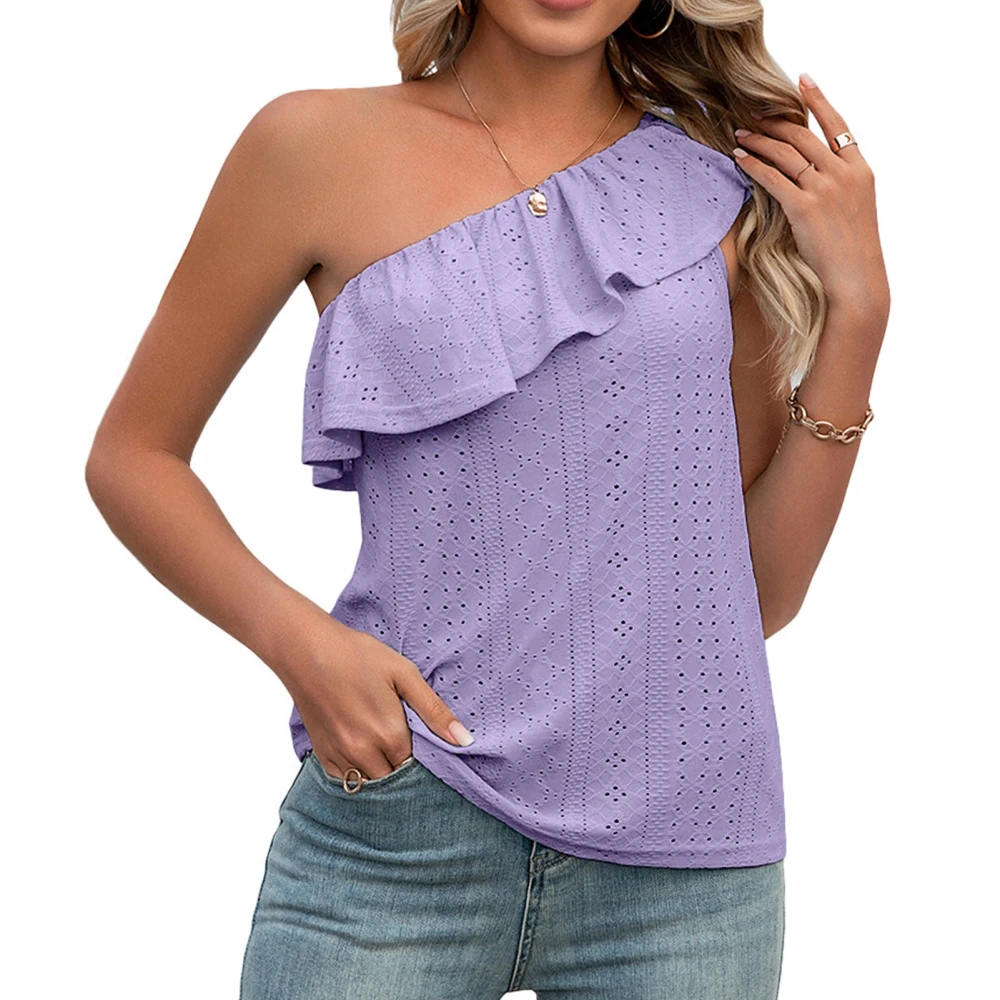 Women One Shoulder Top Summer Eyelet Ruffle Trim Sleeveless Pure Color Top for Female Purple S