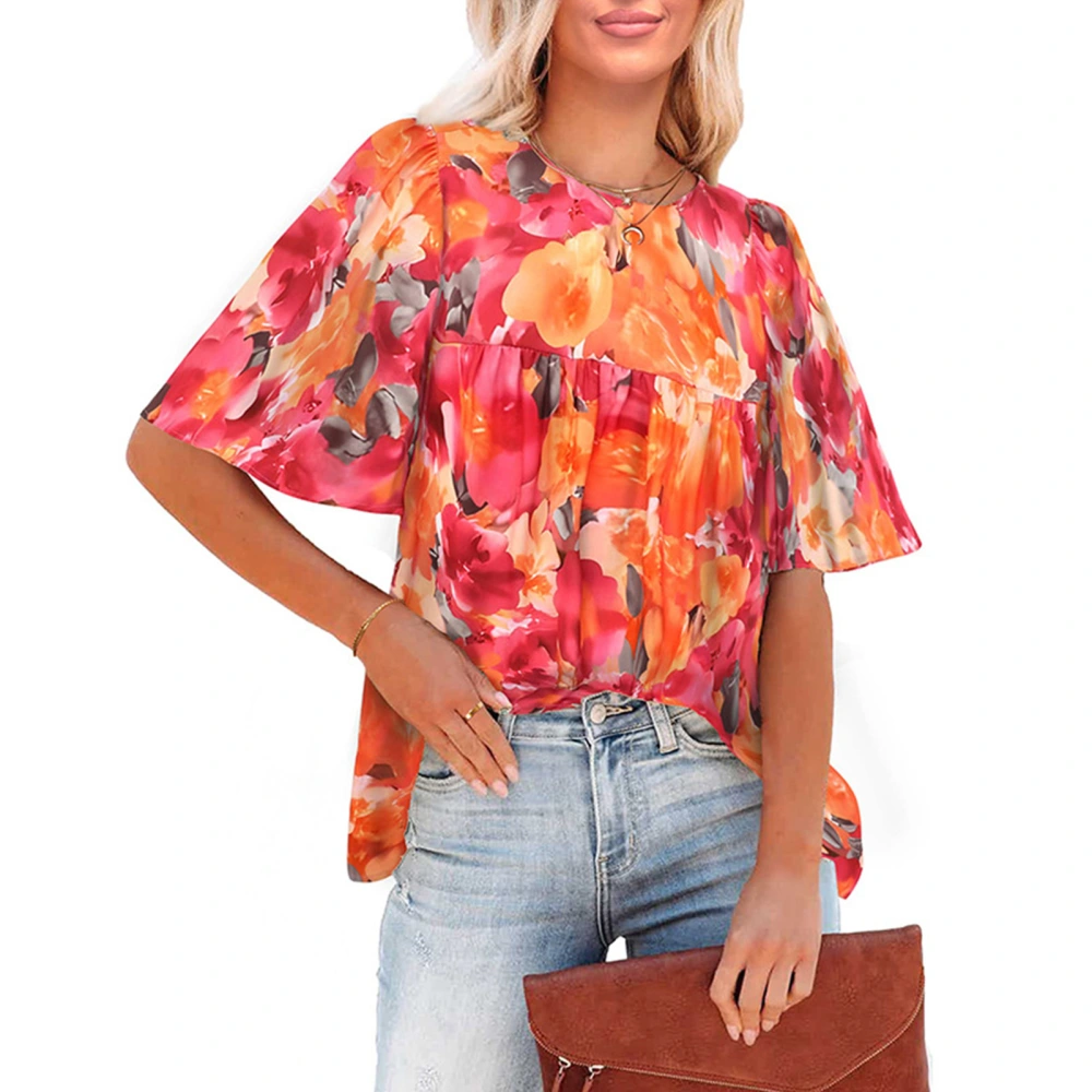 Women Printed T Shirt Half Bell Sleeves Loose Fitting Round Neck Summer Loose Blouse Orange Pink Flower XXL