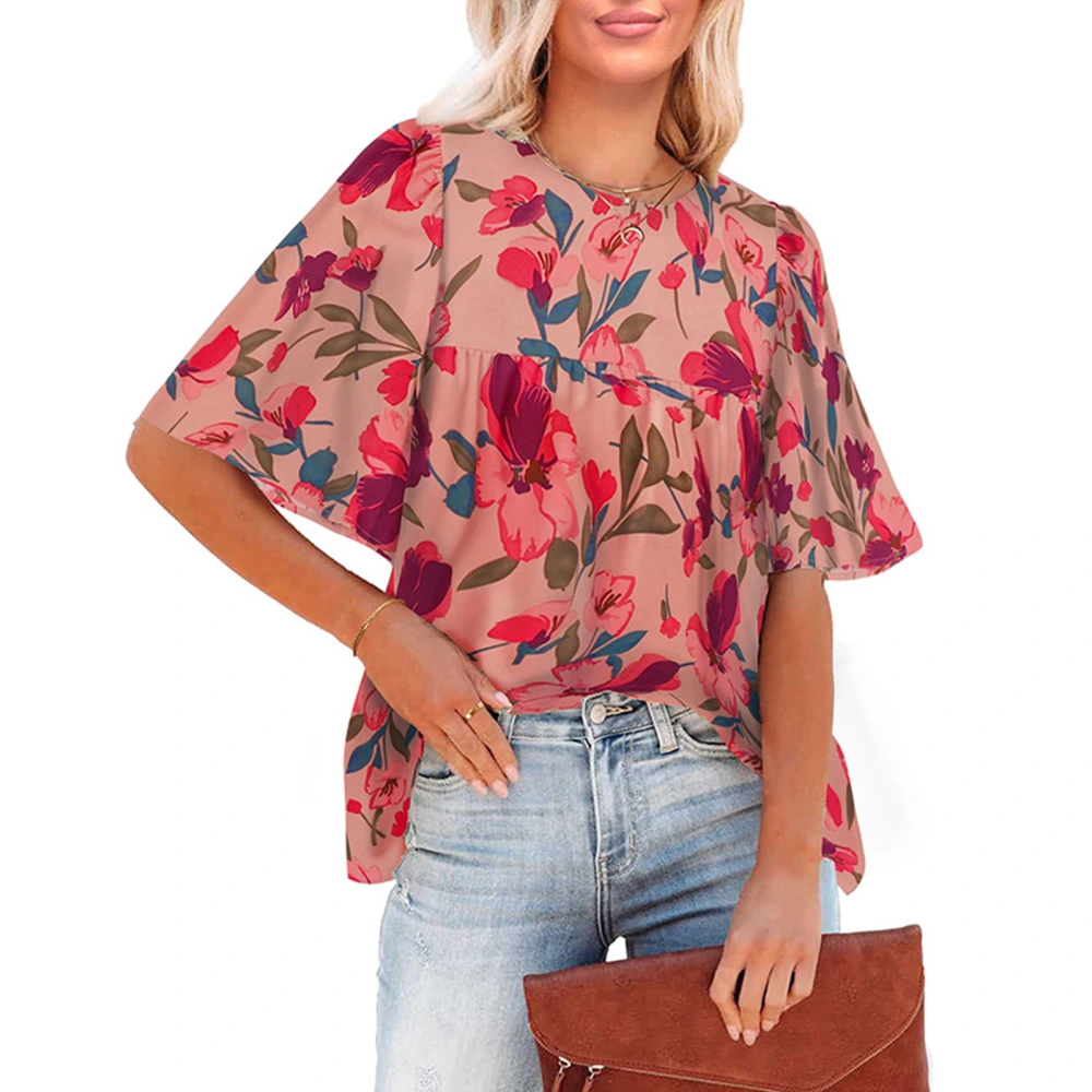 Women Printed T Shirt Half Bell Sleeves Loose Fitting Round Neck Summer Loose Blouse Ash Pink Flower M