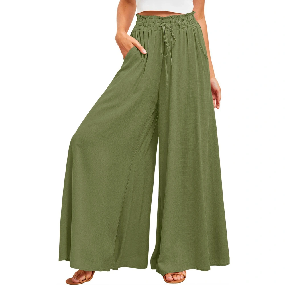 Women Wide Leg Lounge Pants with Side Pockets Drawstring Mid Rise Elastic Waist Loose Comfy Casual Slacks OD Green L