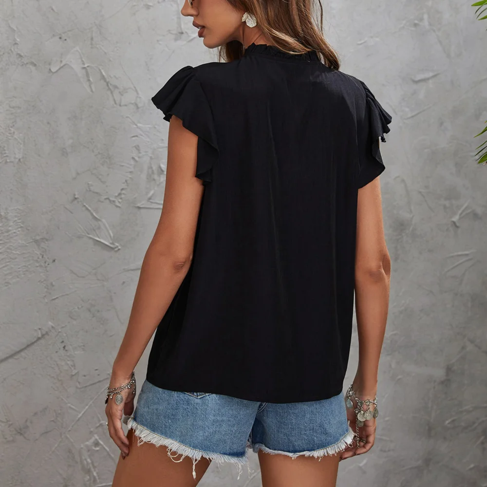 Women T Shirt Short Ruffle Sleeves V Neck Tie Neck Slim Fit Easy Match Women Summer Top Black L