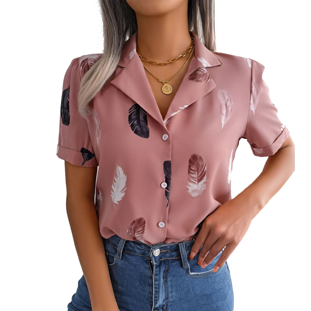 Notched Collar Blouse Shirt Short Sleeve Single Breasted Printed Notched Collar Blouse Top for Women Lady Pink M