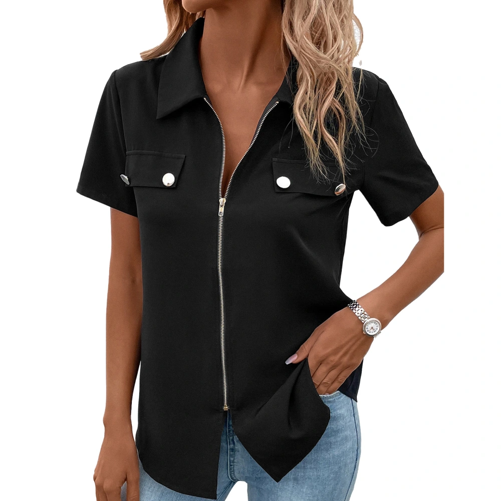 Women Zip Up Casual Top Short Sleeve Pure Color Turn Down Collar Slim Fit Zipper Front Shirt Black L