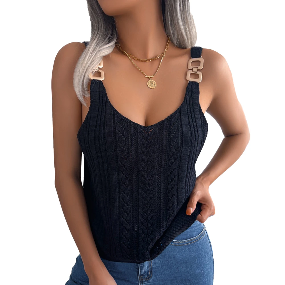 V Neck Hollow Knit Vest Casual Fitted Backless Metal Button Sleeveless V Neck Knitted Vest for Summer Spring Black L