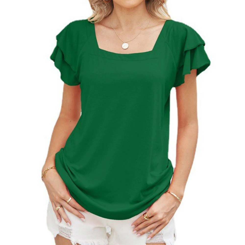 Women T Shirt Square Neck Pure Color Ruffle Short Sleeves Top Blouse for Summer Travel Green L