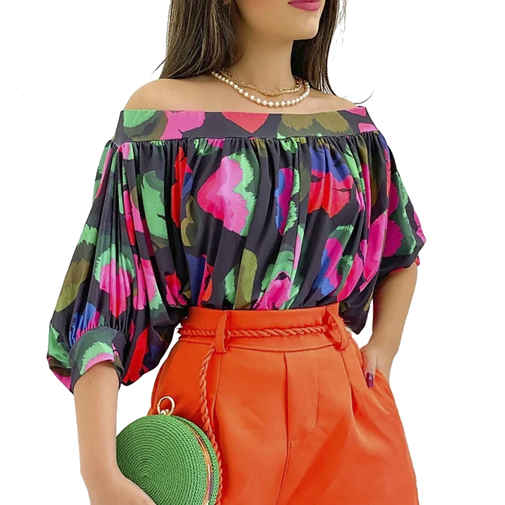 Bat Sleeve Top Women Off Shoulder Loose Ruched Short Multi Color Printing for Summer Black XL