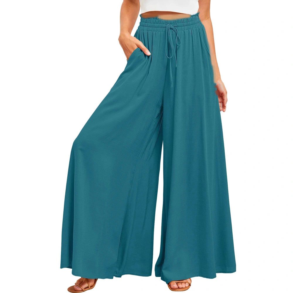 Women Wide Leg Lounge Pants with Side Pockets Drawstring Mid Rise Elastic Waist Loose Comfy Casual Slacks Peacock Blue M