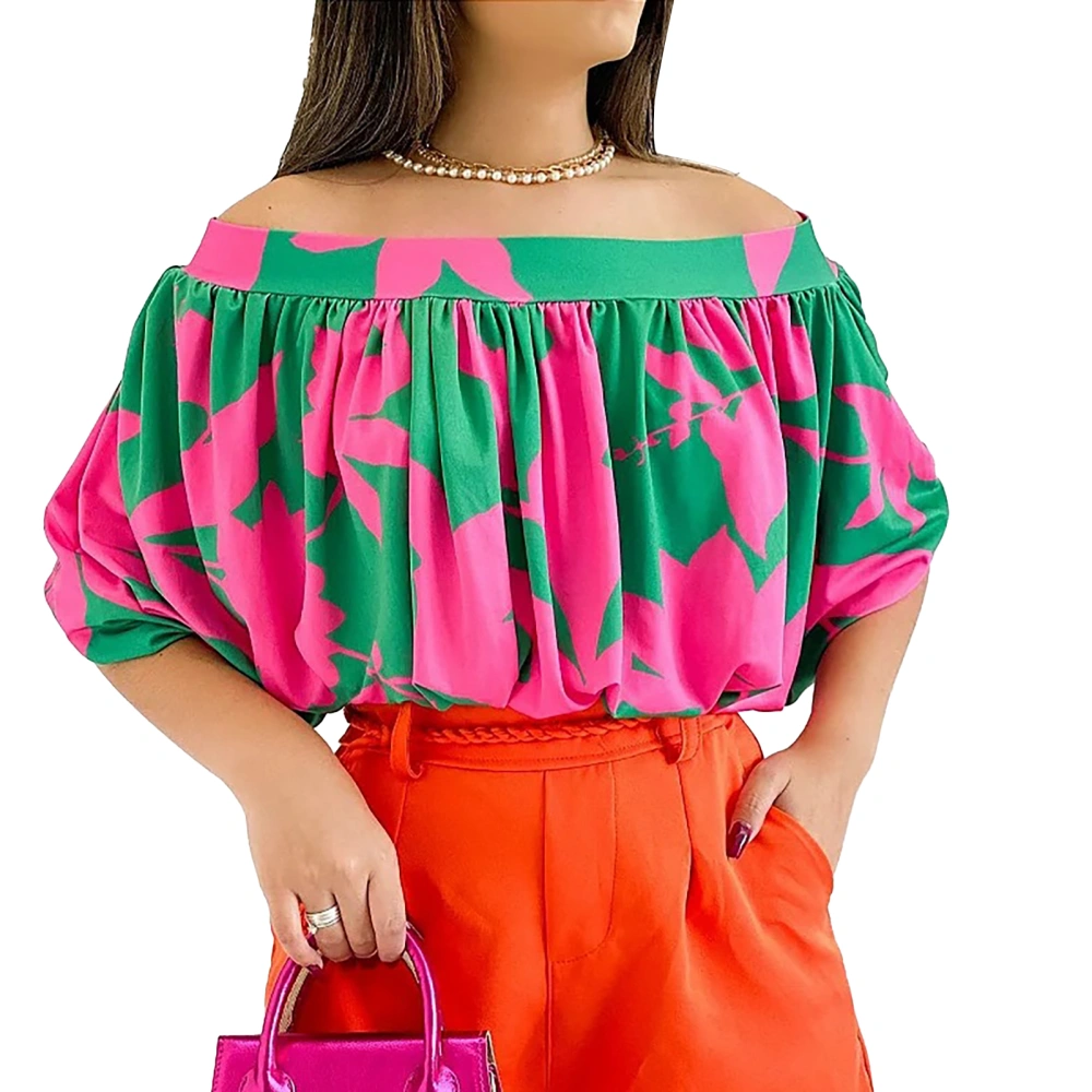 Bat Sleeve Top Women Off Shoulder Loose Ruched Short Multi Color Printing for Summer Rose Red M