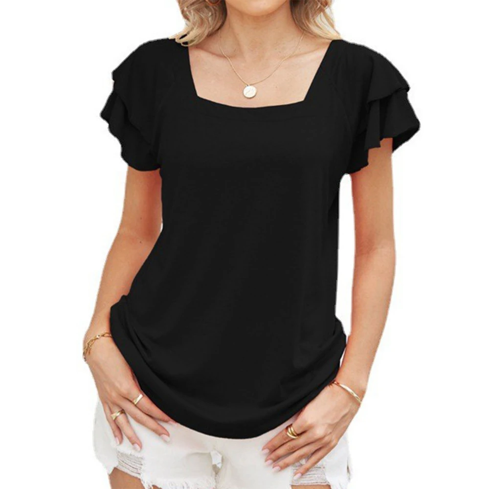 Women T Shirt Square Neck Pure Color Ruffle Short Sleeves Top Blouse for Summer Travel Black XL