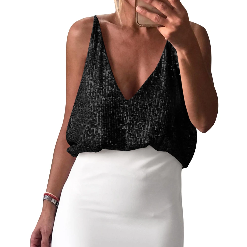 Women Camisole Top Sequins V Neck Round Neck Front Back Wear Comfortable Sleeveless Camisole Top Black L