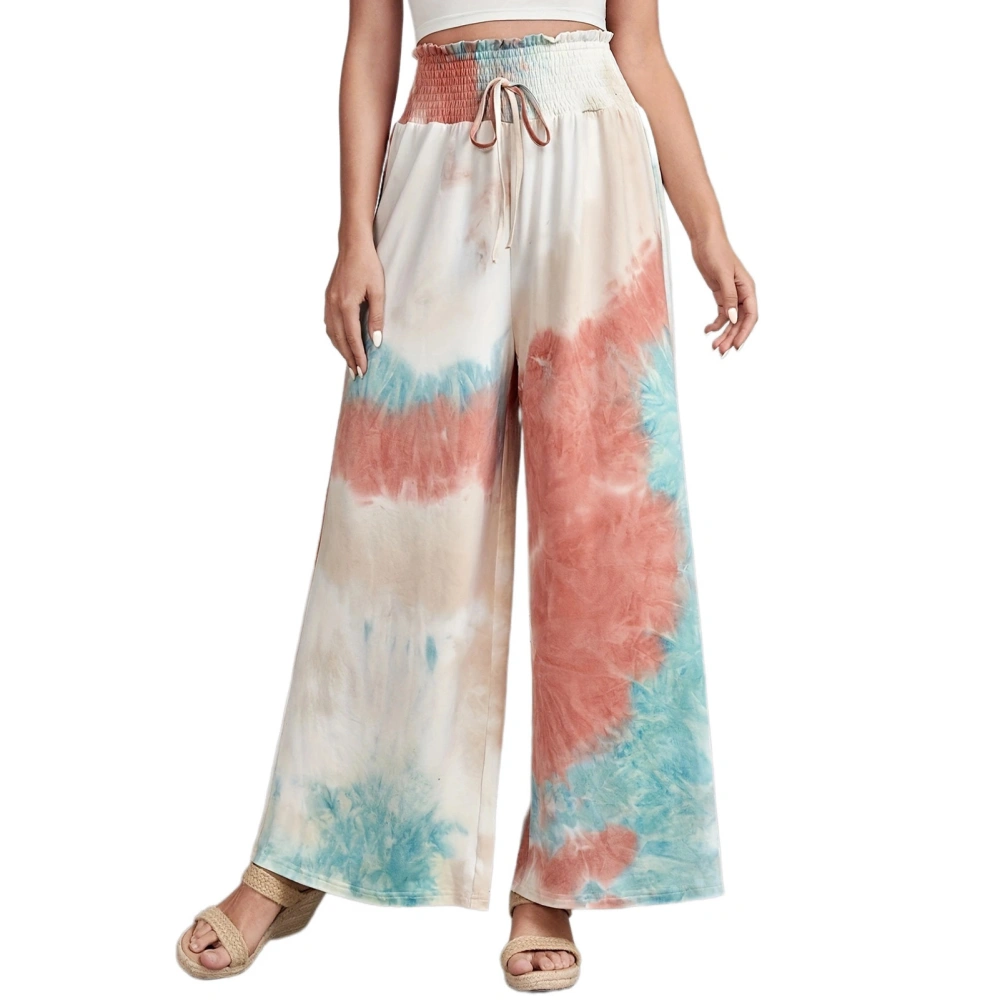 Tie Dye Wide Leg Trousers High Waisted Shirred Drawstring Wide Leg Pants for Women Lady Girl Colorful M