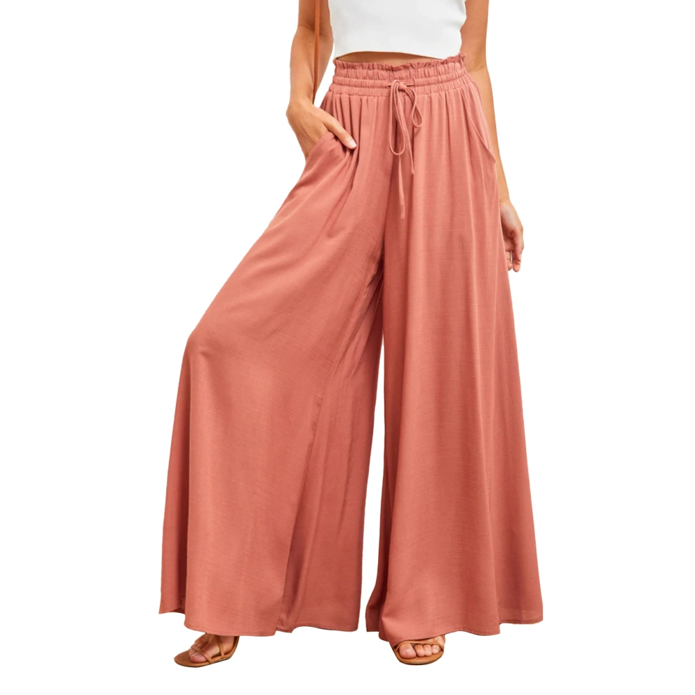 Women Wide Leg Lounge Pants with Side Pockets Drawstring Mid Rise Elastic Waist Loose Comfy Casual Slacks Orange Red 2XL