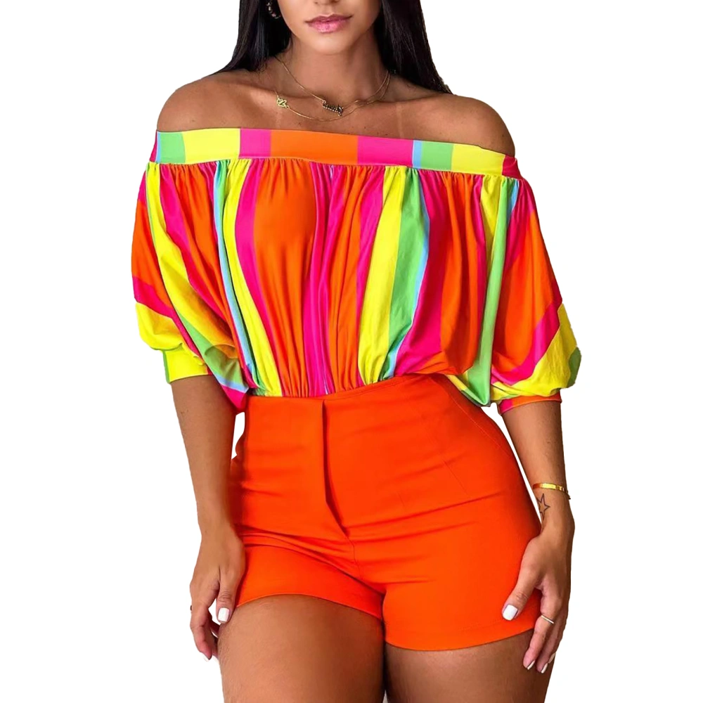 Bat Sleeve Top Women Off Shoulder Loose Ruched Short Multi Color Printing for Summer Orange Stripe XL