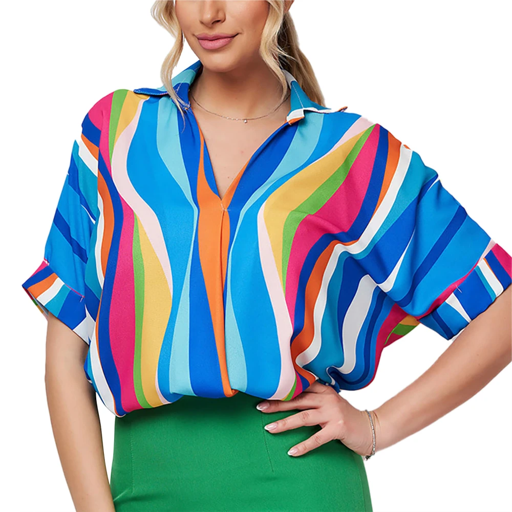 Short Sleeve Women Shirt Colorful Stripes V Neck Turndown Collar Pullover Blouse Loose Top Blue XL