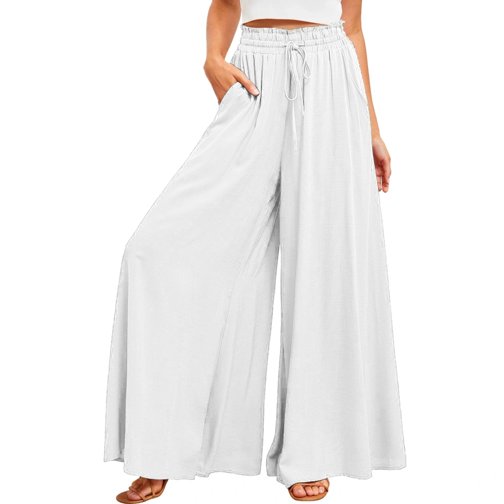 Women Wide Leg Lounge Pants with Side Pockets Drawstring Mid Rise Elastic Waist Loose Comfy Casual Slacks White L