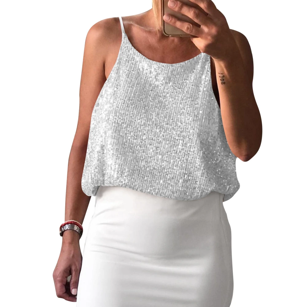 Women Camisole Top Sequins V Neck Round Neck Front Back Wear Comfortable Sleeveless Camisole Top Sliver L