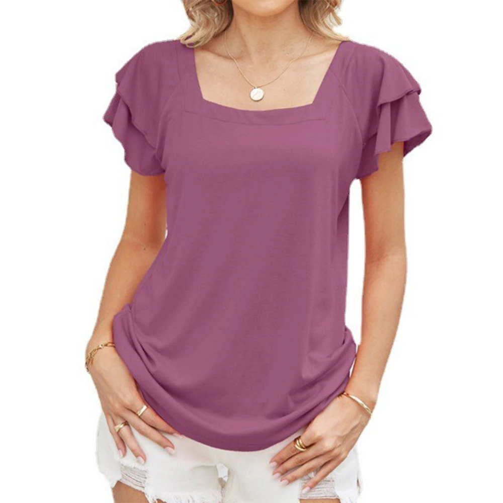 Women T Shirt Square Neck Pure Color Ruffle Short Sleeves Top Blouse for Summer Travel Dark Purple S