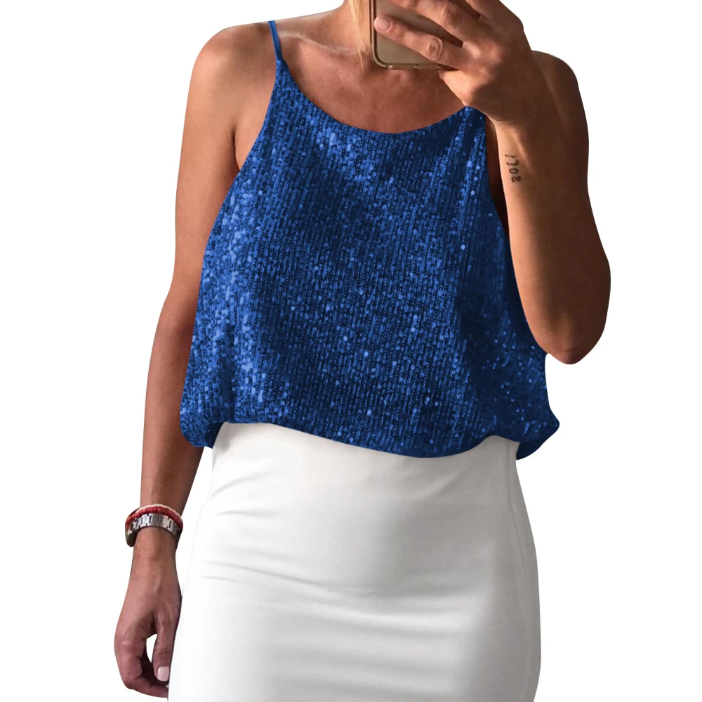 Women Camisole Top Sequins V Neck Round Neck Front Back Wear Comfortable Sleeveless Camisole Top Blue M