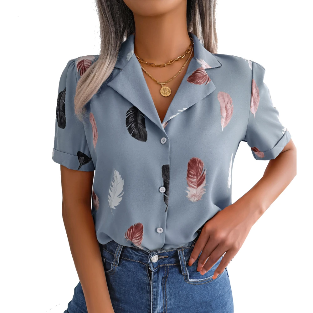 Notched Collar Blouse Shirt Short Sleeve Single Breasted Printed Notched Collar Blouse Top for Women Lady Blue S