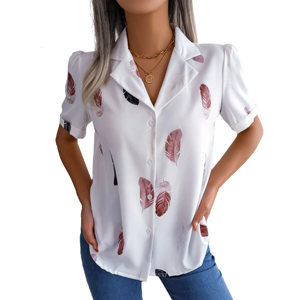 Notched Collar Blouse Shirt Short Sleeve Single Breasted Printed Notched Collar Blouse Top for Women Lady White M