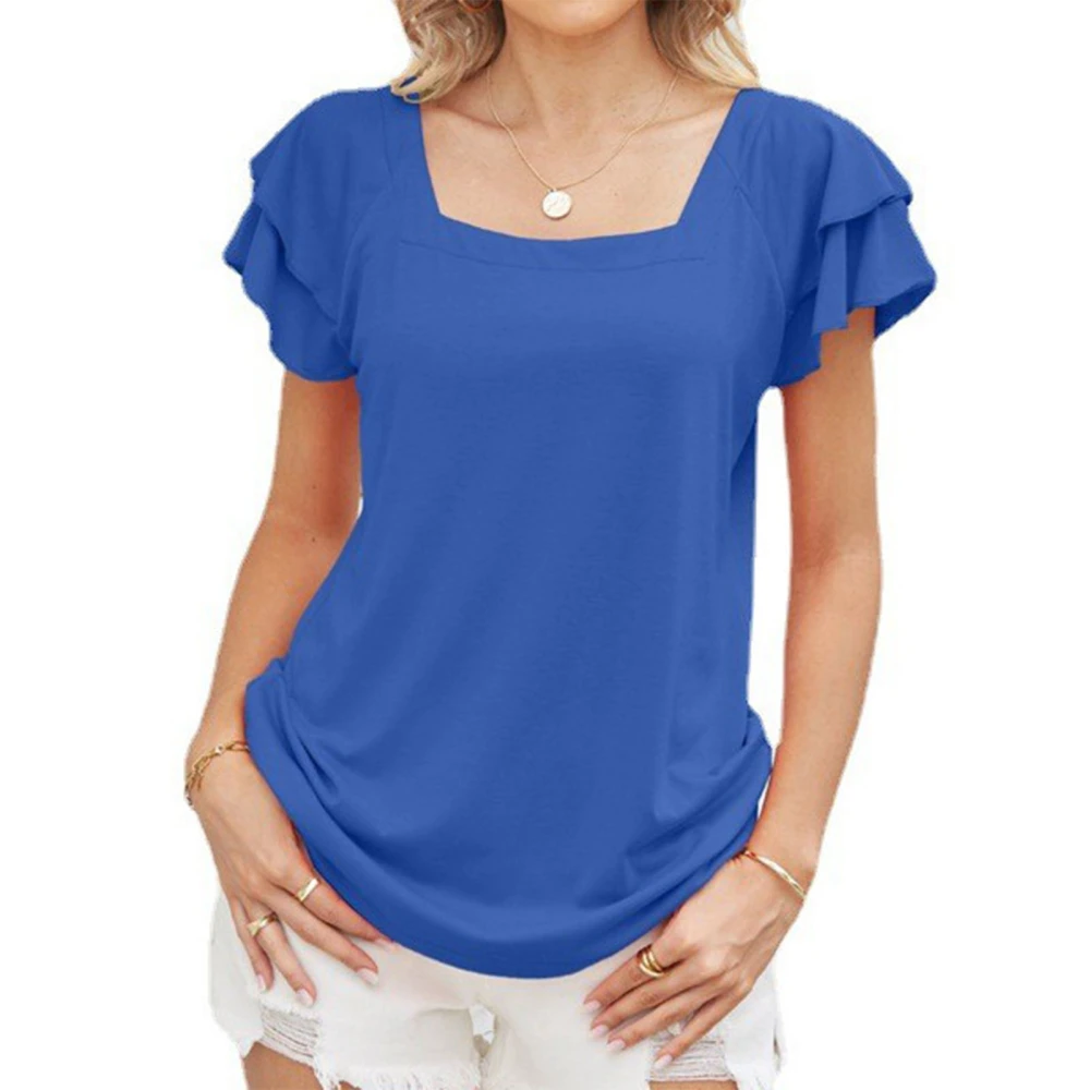 Women T Shirt Square Neck Pure Color Ruffle Short Sleeves Top Blouse for Summer Travel Bright Blue S